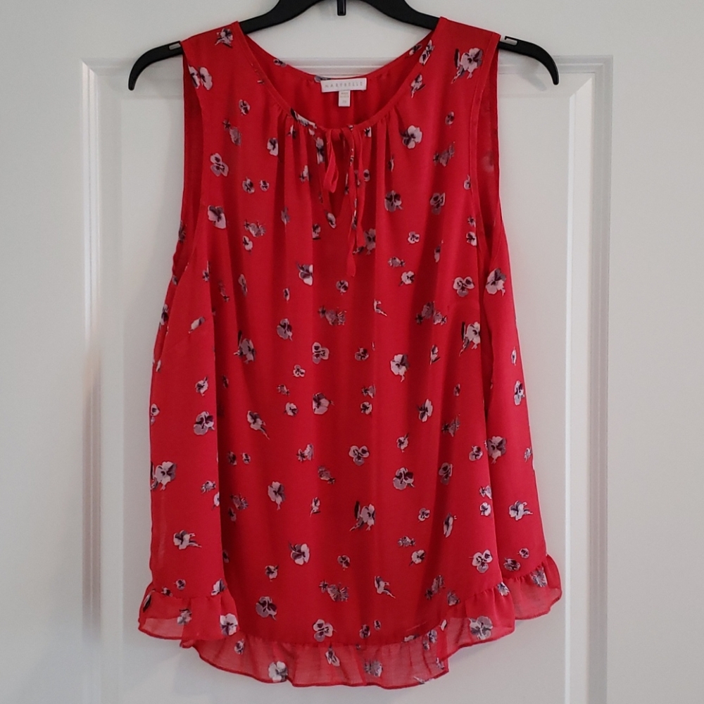 Red Floral Top w/ ruffle trim